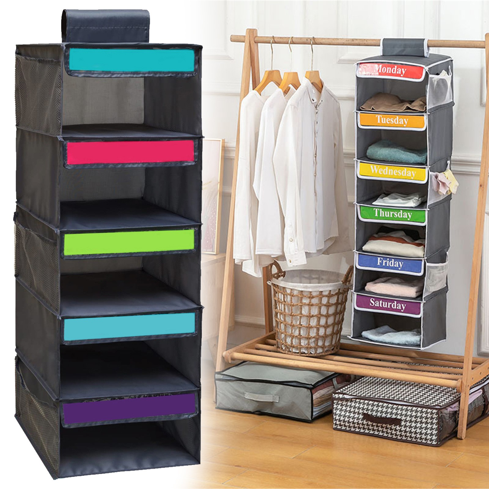 ziplock bag storage organizer,Weekly Clothing Organizer 5 Racks Weekly Hanging Closet Organizer Daily Clothing Organizer Weekly Hat Clothes Organizer T Shirt Bag Towel,Gray